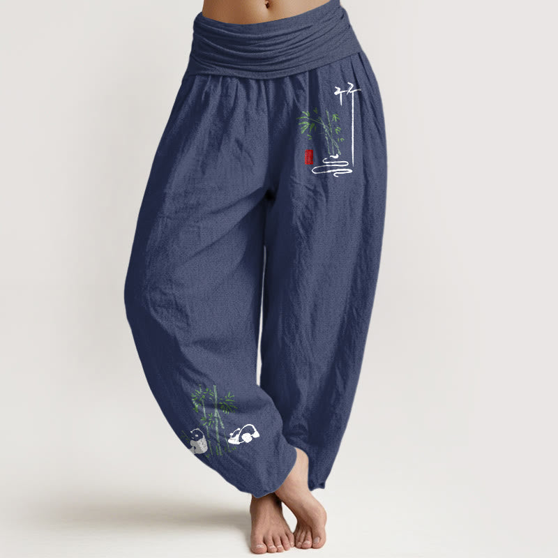 Buddha Stones Panda Bamboo Leaves Pattern Pure Cotton Women's Elastic Waist Harem Pants - DarkSlateBlue - US16，UK/AU20，EU48 (3XL) - image 5