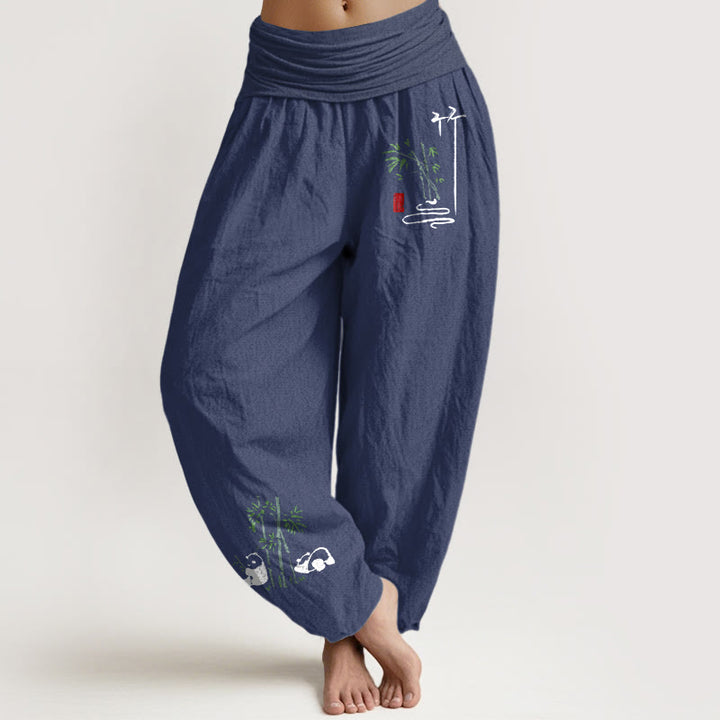 Buddha Stones Panda Bamboo Leaves Pattern Pure Cotton Women's Elastic Waist Harem Pants - DarkSlateBlue - US16，UK/AU20，EU48 (3XL) - image 5