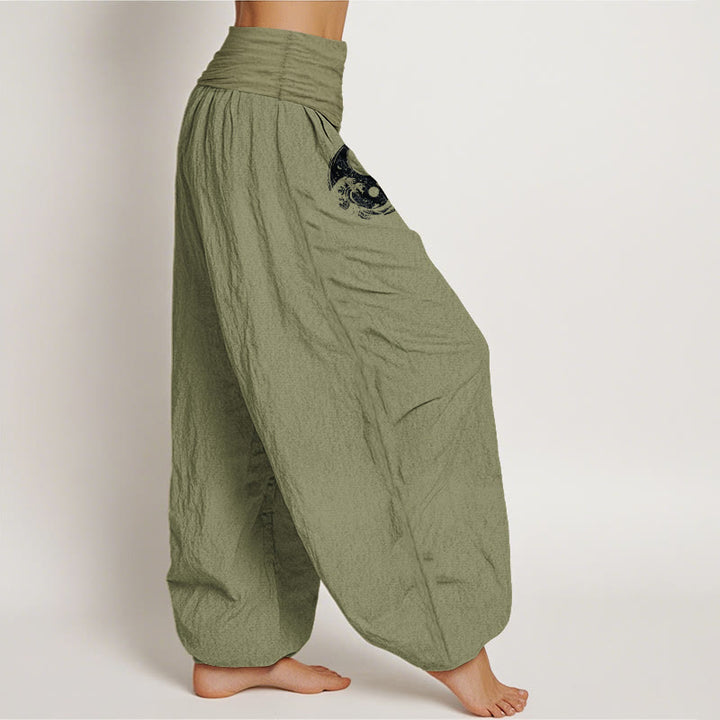 Buddha Stones Dragon Yin Yang Waves Flower Pattern Pure Cotton Women's Elastic Waist Harem Pants - image 16