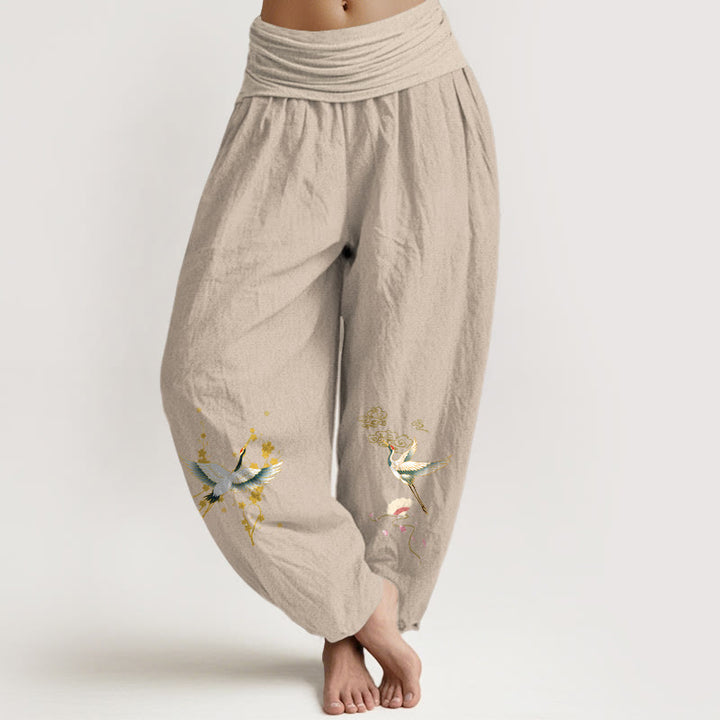 Buddha Stones Crane Auspicious Clouds Flower Pattern Pure Cotton Women's Elastic Waist Harem Pants - Tan - US16，UK/AU20，EU48 (3XL) - image 5