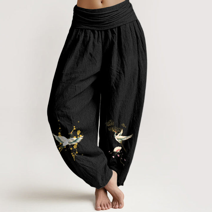 Buddha Stones Crane Auspicious Clouds Flower Pattern Pure Cotton Women's Elastic Waist Harem Pants - Black - US16，UK/AU20，EU48 (3XL) - image 11