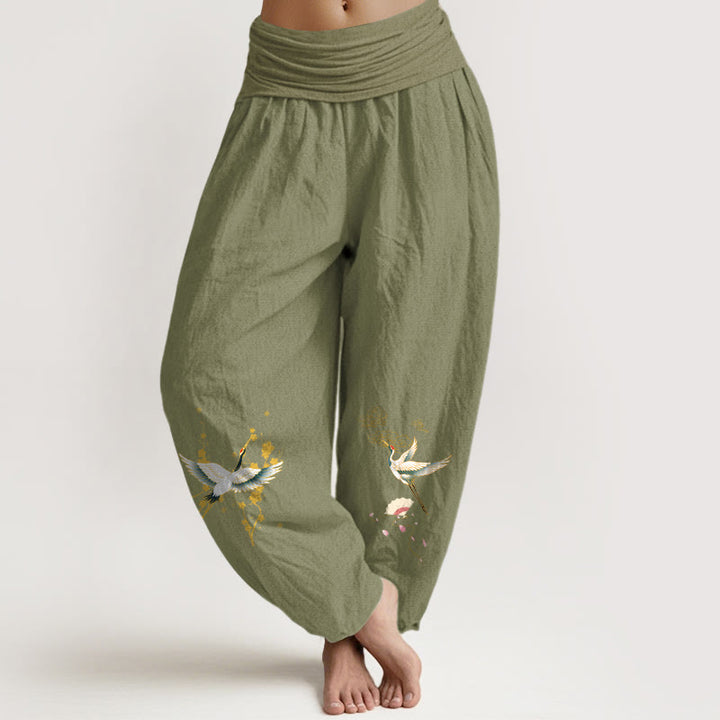 Buddha Stones Crane Auspicious Clouds Flower Pattern Pure Cotton Women's Elastic Waist Harem Pants - OliveDrab - US16，UK/AU20，EU48 (3XL) - image 8