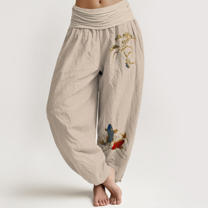 Buddha Stones Pure Cotton Pine Tree Koi Fish Pattern Women's Elastic Waist Harem Pants - Tan - US16，UK/AU20，EU48 (3XL) - image 11