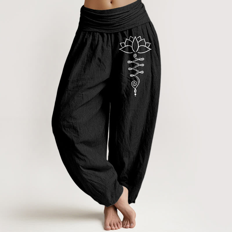 Buddha Stones Unalome Symbol Lotus Flower Pattern Women's Elastic Waist Harem Cotton Pants - Black - US16，UK/AU20，EU48 (3XL) - image 11