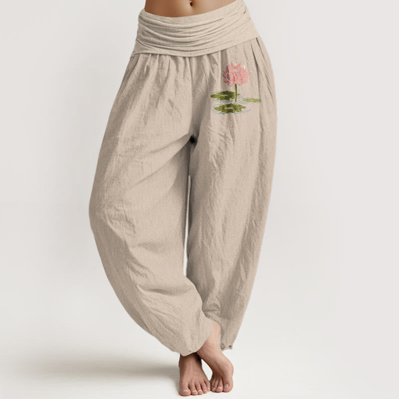 Buddha Stones Pure Cotton  Lotus Flower Leaves Pattern Women's Elastic Waist Harem Pants - Tan - US16，UK/AU20，EU48 (3XL) - image 11