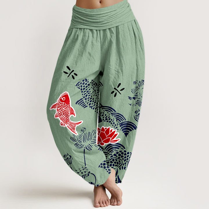 Buddha Stones Pure Cotton Koi Fish Lotus Flowers Ocean Women's Elastic Waist Harem Pants - MediumAquamarine - US16，UK/AU20，EU48 (3XL) - image 5
