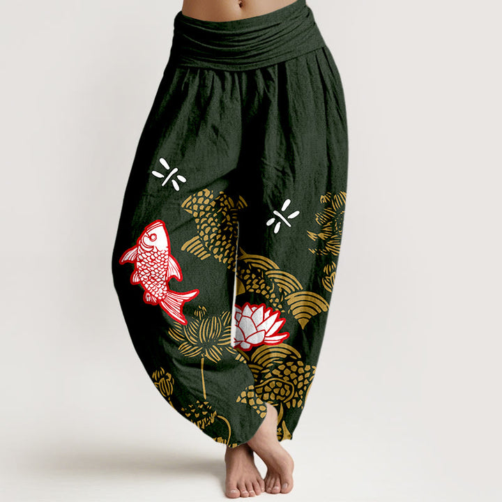 Buddha Stones Pure Cotton Koi Fish Lotus Flowers Ocean Women's Elastic Waist Harem Pants - DarkGreen - US16，UK/AU20，EU48 (3XL) - image 8