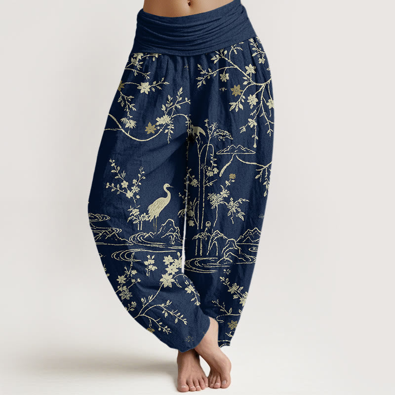 Buddha Stones Crane Floral Tree Branches Pattern Print Women's Elastic Waist Harem Pure Cotton Pants - MidnightBlue - US16，UK/AU20，EU48 (3XL) - image 0