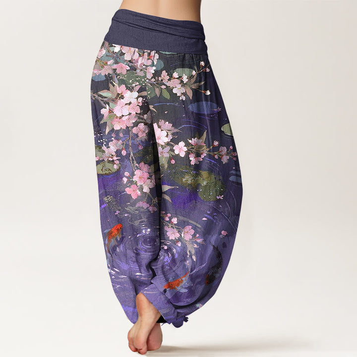 Buddha Stones Pure Cotton Sakura Blossoms Koi Fish Lotus Leaves Women's Elastic Waist Harem Pants - image 6