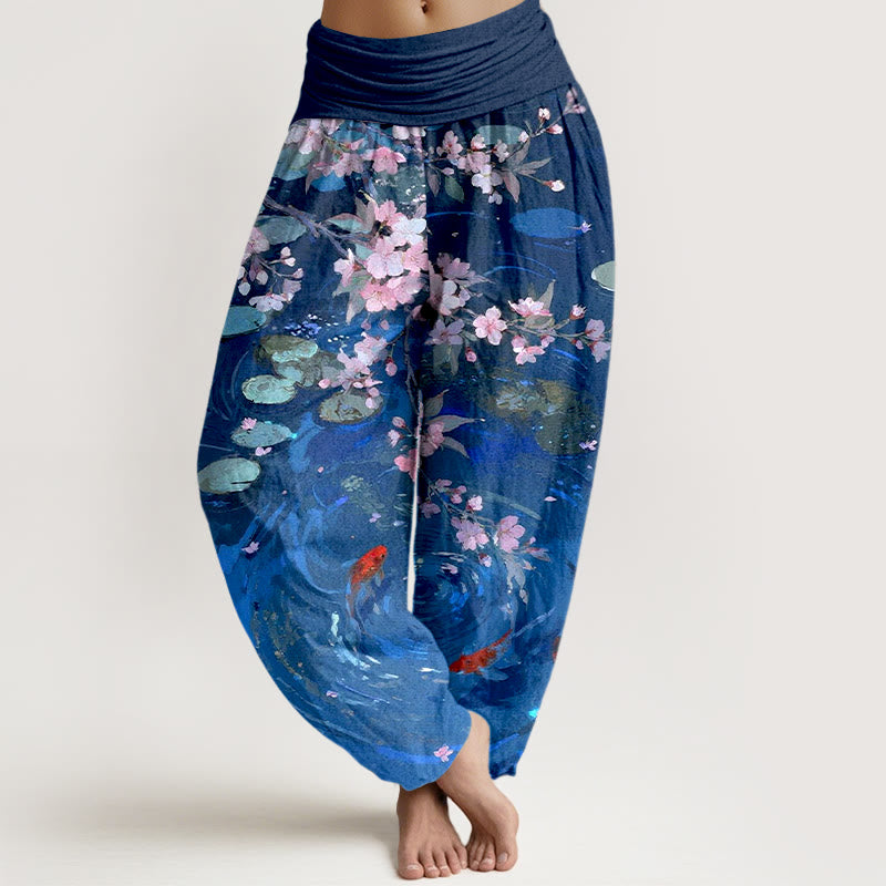 Buddha Stones Pure Cotton Sakura Blossoms Koi Fish Lotus Leaves Women's Elastic Waist Harem Pants - RoyalBlue - US16，UK/AU20，EU48 (3XL) - image 8