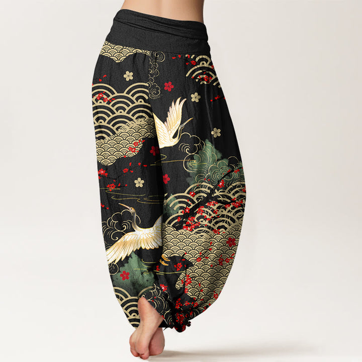 Buddha Stones Print Crane Auspicious Clouds Flowers Pattern Women's Elastic Waist Harem Cotton Pants - image 1