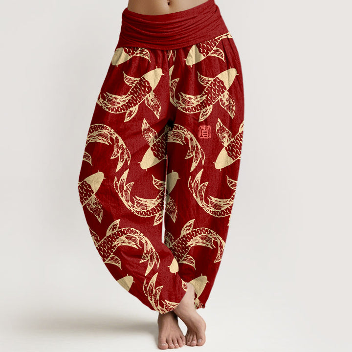 Buddha Stones Pure Cotton Swimming Koi Fish Women's Elastic Waist Harem Pants - FireBrick - US16，UK/AU20，EU48 (3XL) - image 5
