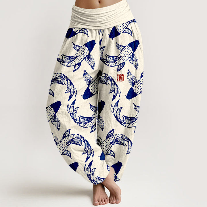 Buddha Stones Pure Cotton Swimming Koi Fish Women's Elastic Waist Harem Pants - Linen - US16，UK/AU20，EU48 (3XL) - image 5