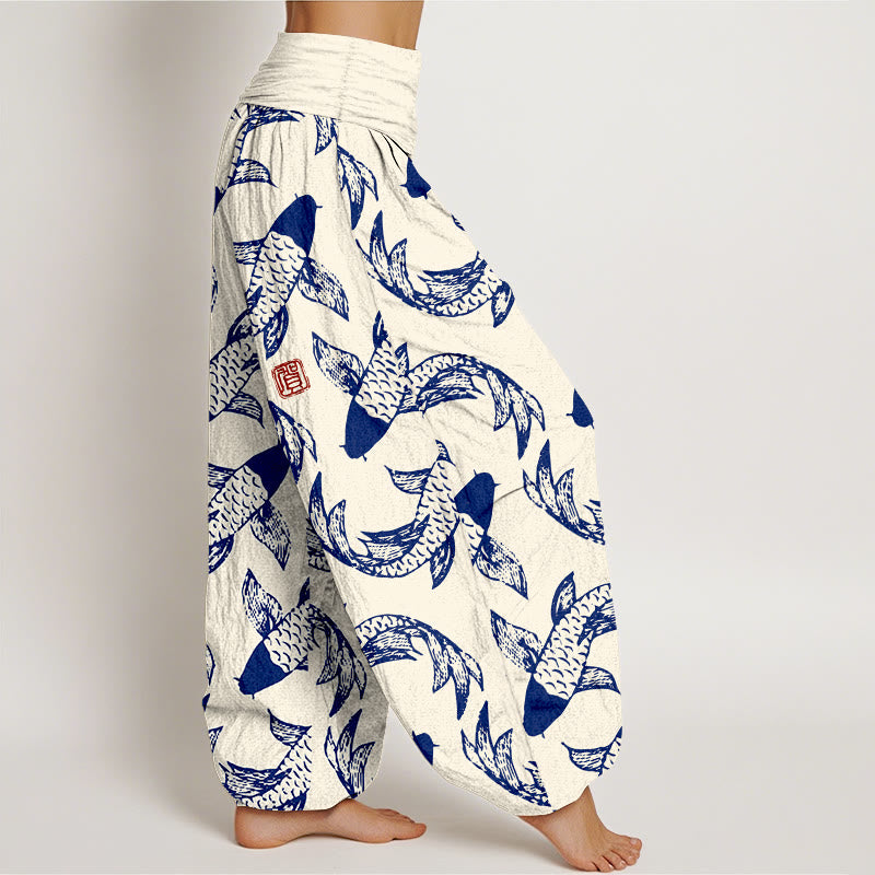 Buddha Stones Pure Cotton Swimming Koi Fish Women's Elastic Waist Harem Pants - image 7