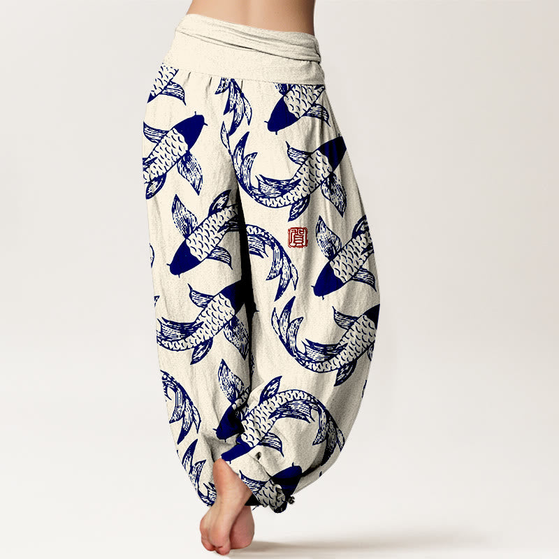 Buddha Stones Pure Cotton Swimming Koi Fish Women's Elastic Waist Harem Pants - image 6