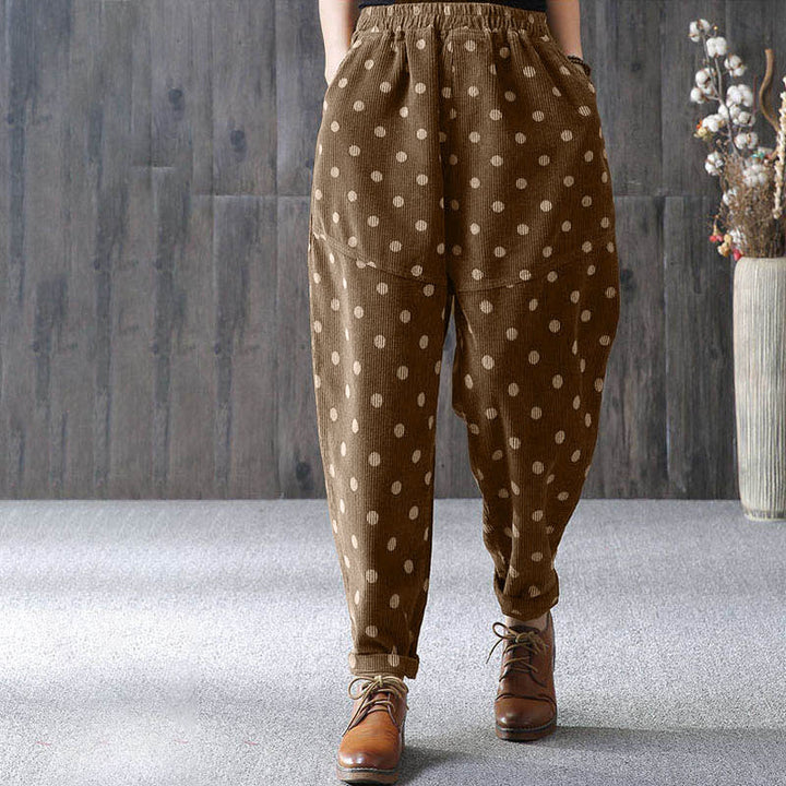 Buddha Stones Women's Fall Commute Printing Dot Pattern Corduroy Harem Pants With Pockets - image 3