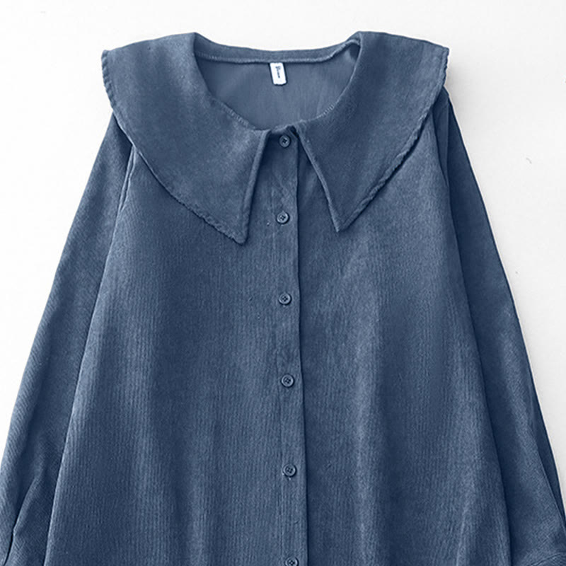 Buddha Stones Fall Plain Buttons Design Long Sleeve Corduroy Midi Dress With Pockets - image 2