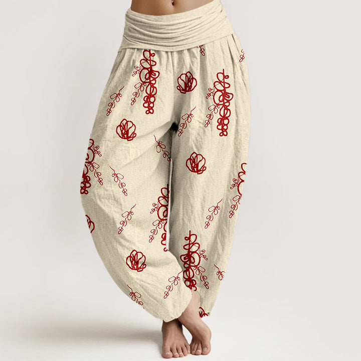 Buddha Stones Print Hand-painted Flowers Branches Pattern Women's Elastic Waist Harem Cotton Pants - Beige & Red - US16，UK/AU20，EU48 (3XL) - image 0