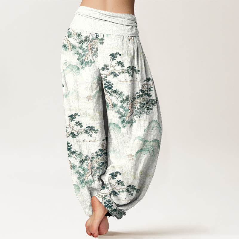 Buddha Stones Print Pine Trees Mountains Pattern Pure Cotton Women's Elastic Waist Harem Pants - image 1