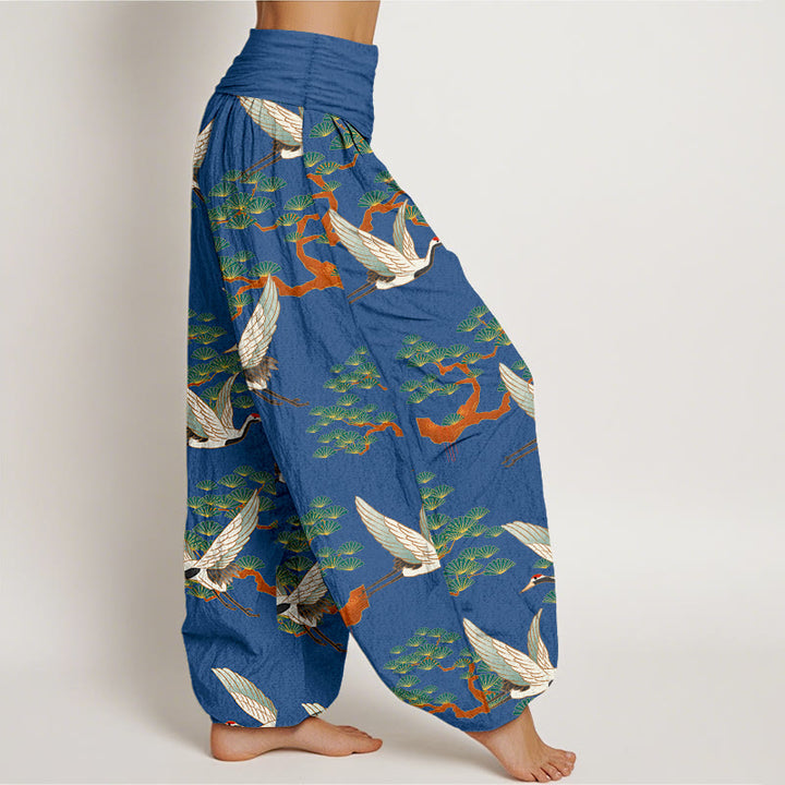 Buddha Stones Print Pine Tree Crane Pattern Pure Cotton Women's Elastic Waist Harem Pants - image 2