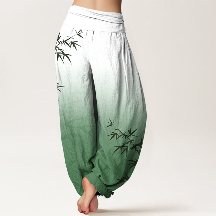 Buddha Stones Casual Bamboo Leaves Gradient Pattern Pure Cotton Women's Elastic Waist Harem Pants - image 1