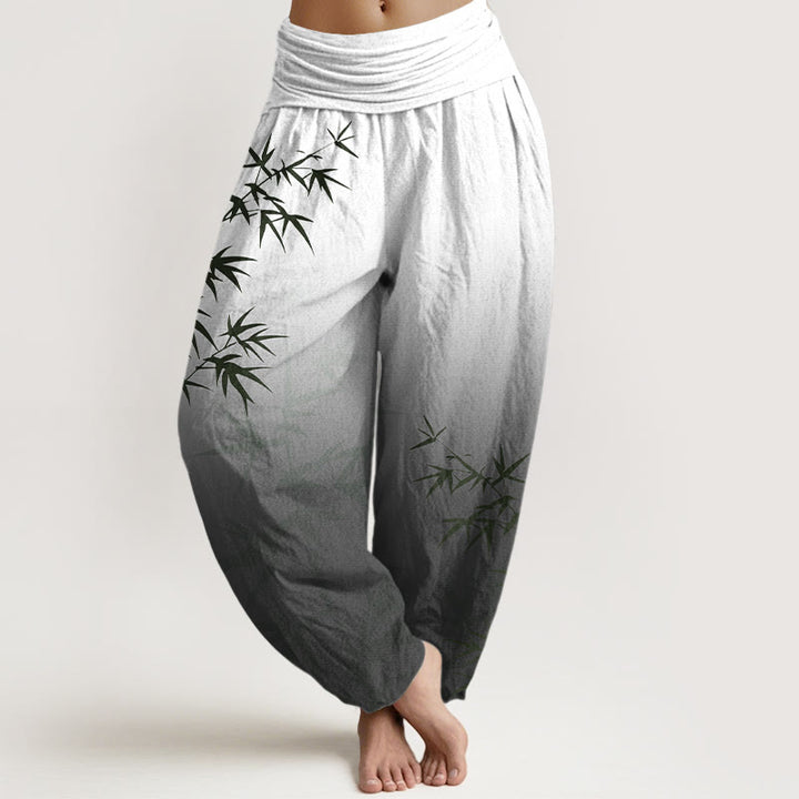 Buddha Stones Casual Bamboo Leaves Gradient Pattern Pure Cotton Women's Elastic Waist Harem Pants - Black - US16，UK/AU20，EU48 (3XL) - image 5