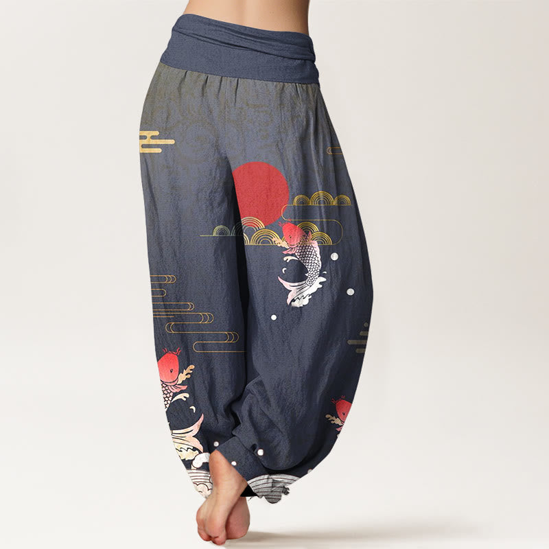 Buddha Stones Koi Fish Red Sun Waves Clouds Pattern Women's Elastic Waist Harem Pure Cotton Pants - image 1