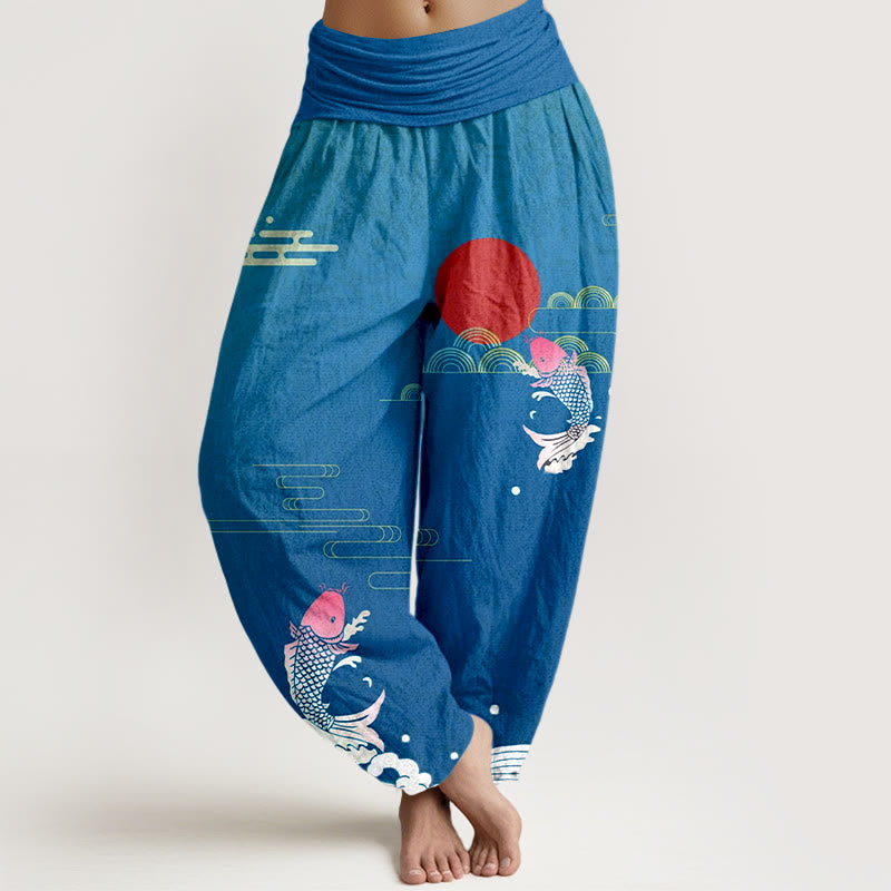 Buddha Stones Koi Fish Red Sun Waves Clouds Pattern Women's Elastic Waist Harem Pure Cotton Pants - SteelBlue - US16，UK/AU20，EU48 (3XL) - image 5