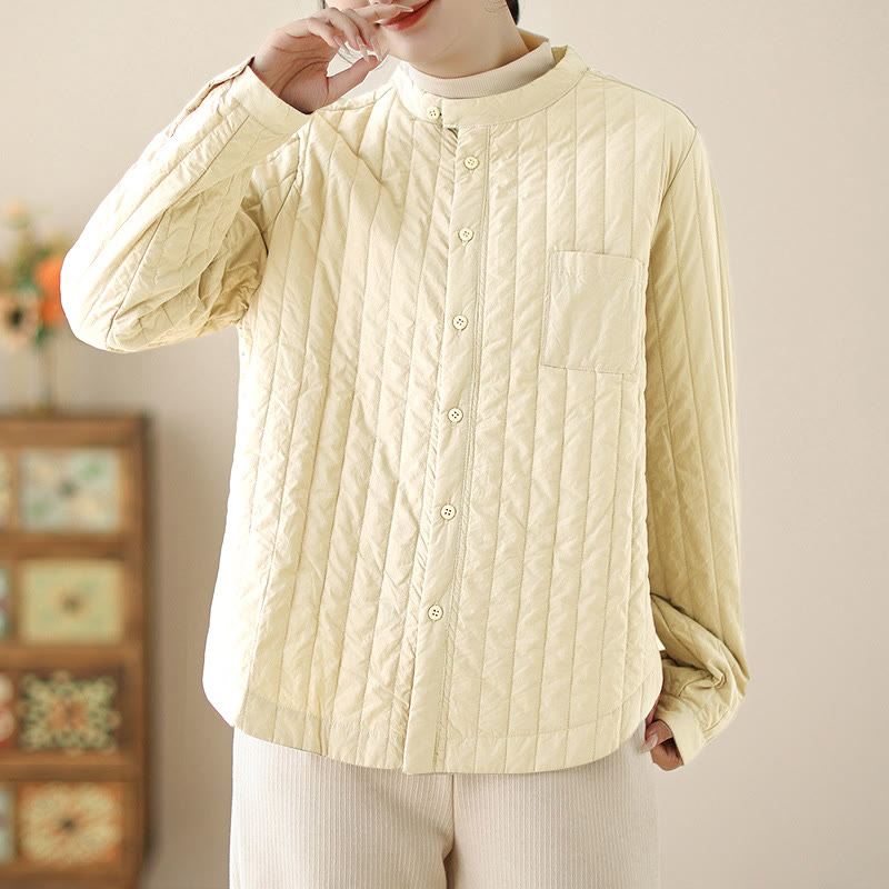 Buddha Stones Women's Stand Collar Simple Design Long Sleeve Thermal Cotton Jacket With Pocket - LemonChiffon - US8-10，UK/AU12-14，EU40-42 (2XL) - image 6
