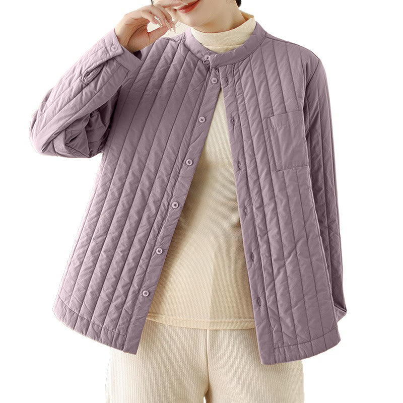 Buddha Stones Women's Stand Collar Simple Design Long Sleeve Thermal Cotton Jacket With Pocket - image 5