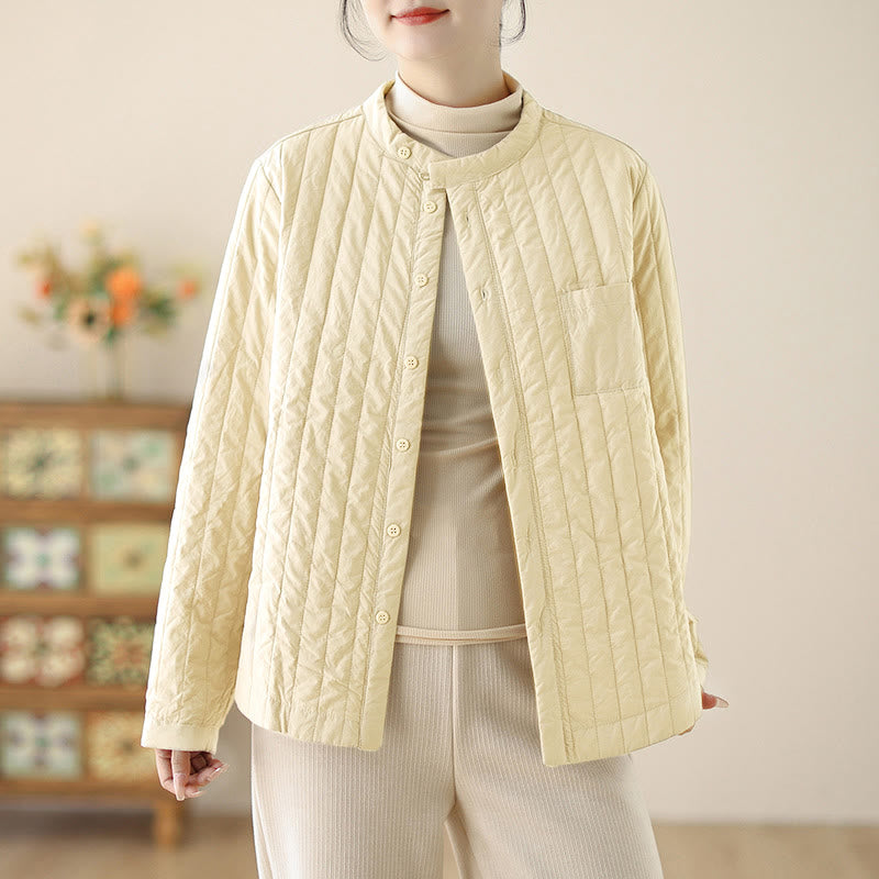 Buddha Stones Women's Stand Collar Simple Design Long Sleeve Thermal Cotton Jacket With Pocket - image 8