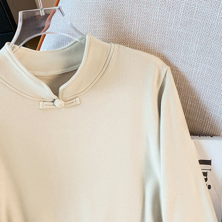 Buddha Stones Spring Solid Color Stand Collar Frog-button Design Women's Cotton Long Sleeve Shirt - image 6