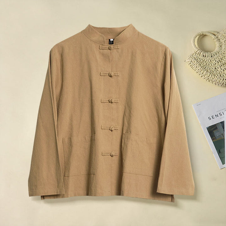 Buddha Stones Ethnic Frog-Button Long Sleeve Stand Collar Women's Cotton Shirt With Pockets - DarkGoldenrod - US8-10，UK/AU12-14，EU40-42 (2XL) - image 0