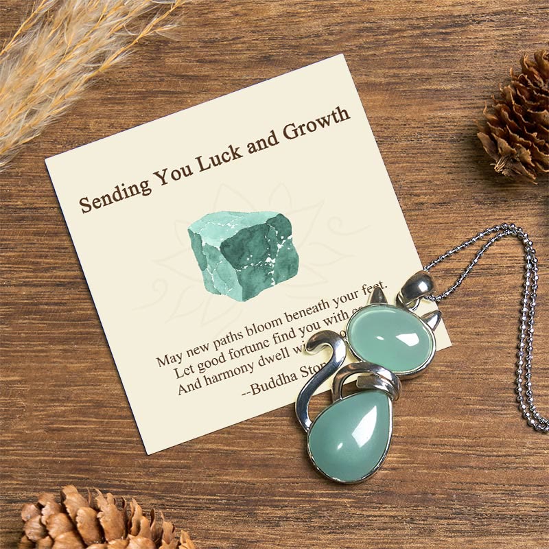Buddha Stones "Sending You Luck and Growth" Cat Green Aventurine Necklace Includes Gift Message Card - Green Aventurine - Standard Gift Box - image 0