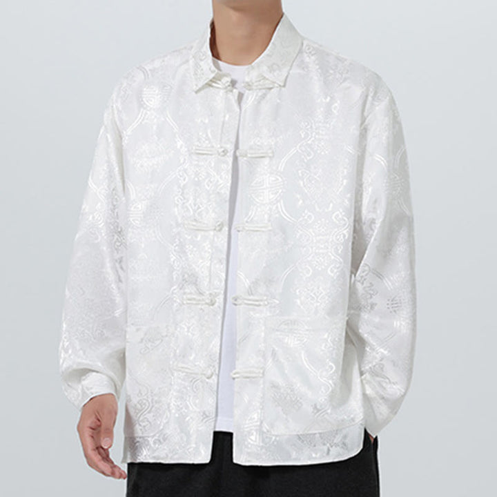 Buddha Stones Spring Jacquard Lapel Long Sleeve Men's Tang Suit Frog-Button Jacket With Pockets - image 21