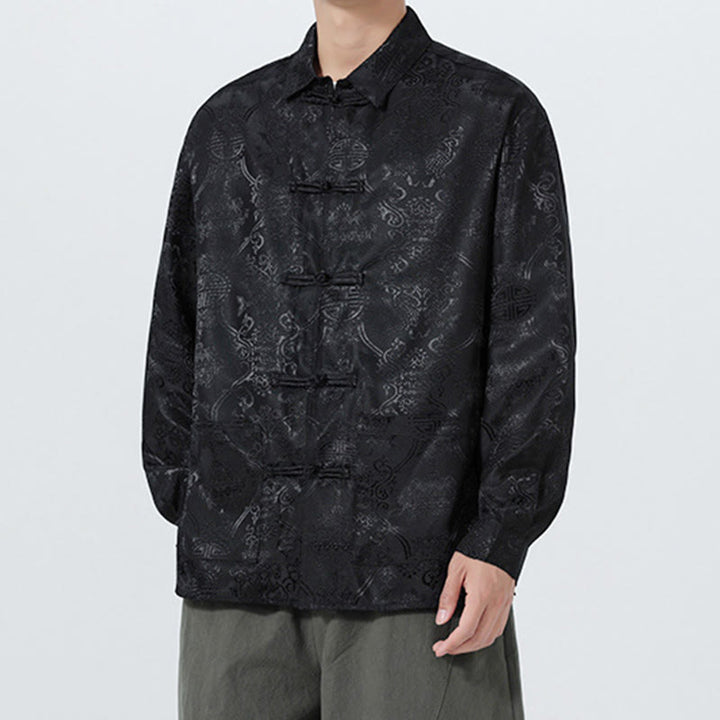 Buddha Stones Spring Jacquard Lapel Long Sleeve Men's Tang Suit Frog-Button Jacket With Pockets - image 15