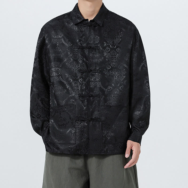 Buddha Stones Spring Jacquard Lapel Long Sleeve Men's Tang Suit Frog-Button Jacket With Pockets - Black - US/UK/AU46，EU56 (5XL) - image 10