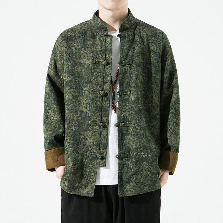Buddha Stones Spring Printed Floral Pattern Men's Chinese Frog-button Long Sleeve Cotton Jacket - DarkGreen - US/UK/AU46，EU56 (5XL) - image 0