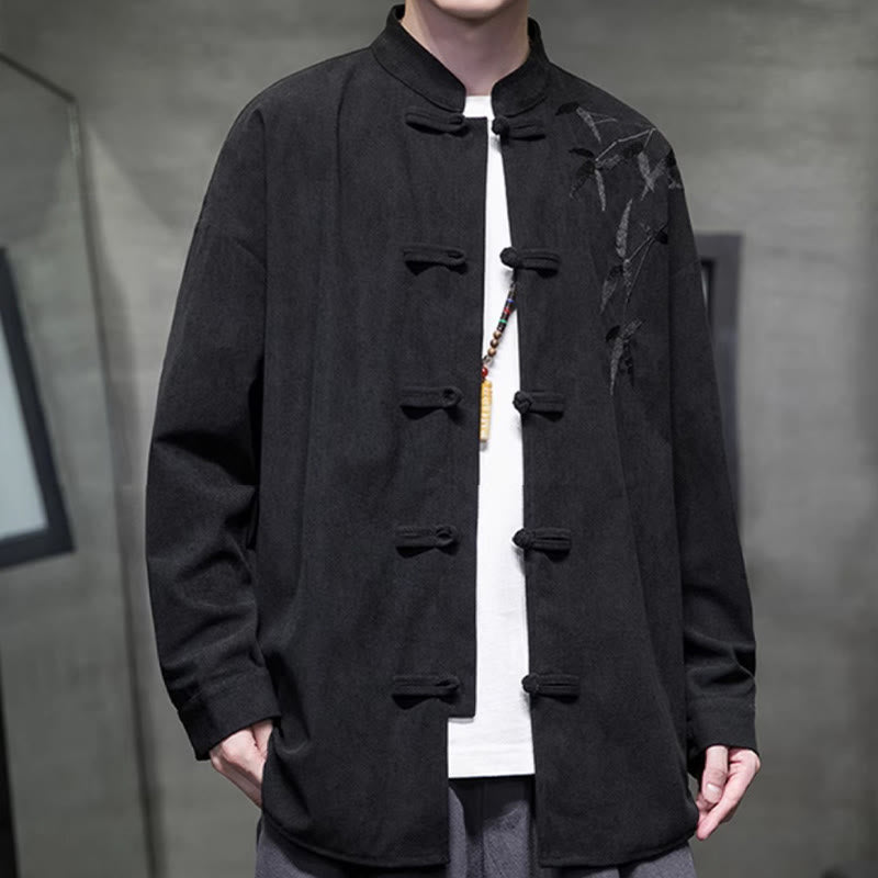 Buddha Stones Spring Chinese Embroidered Bamboo Men's Frog-button Long Sleeve Cotton Corduroy Jacket - image 32