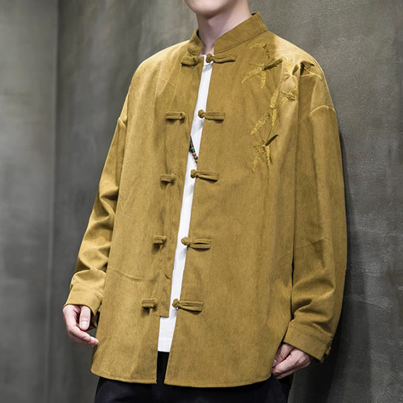 Buddha Stones Spring Chinese Embroidered Bamboo Men's Frog-button Long Sleeve Cotton Corduroy Jacket - image 13