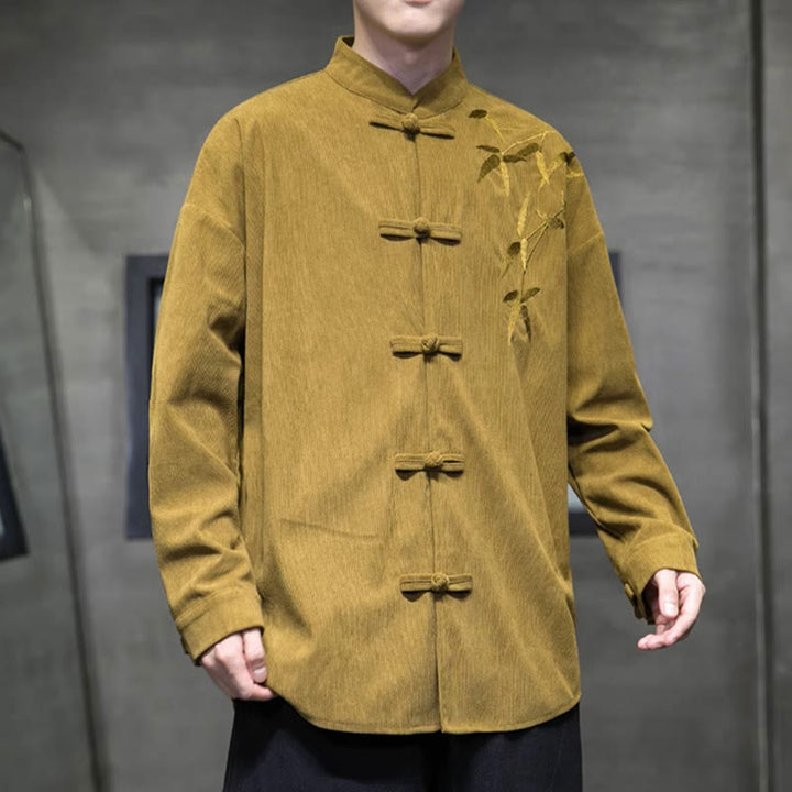 Buddha Stones Spring Chinese Embroidered Bamboo Men's Frog-button Long Sleeve Cotton Corduroy Jacket - image 14