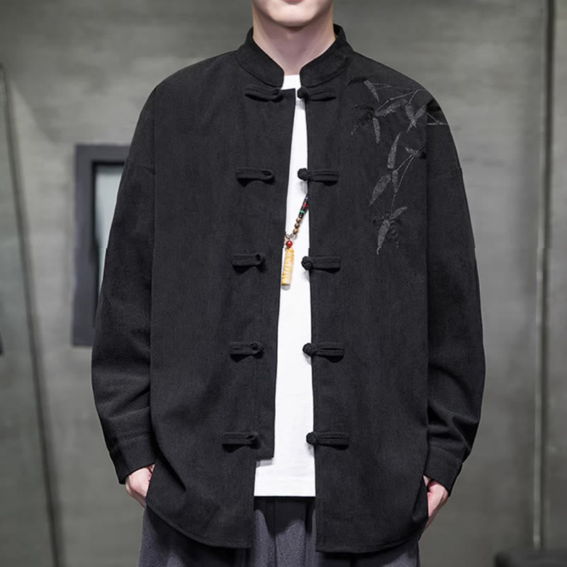 Buddha Stones Spring Chinese Embroidered Bamboo Men's Frog-button Long Sleeve Cotton Corduroy Jacket - image 31