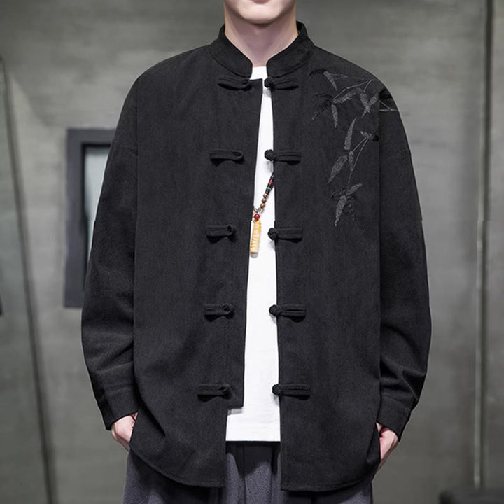 Buddha Stones Spring Chinese Embroidered Bamboo Men's Frog-button Long Sleeve Cotton Corduroy Jacket - image 31