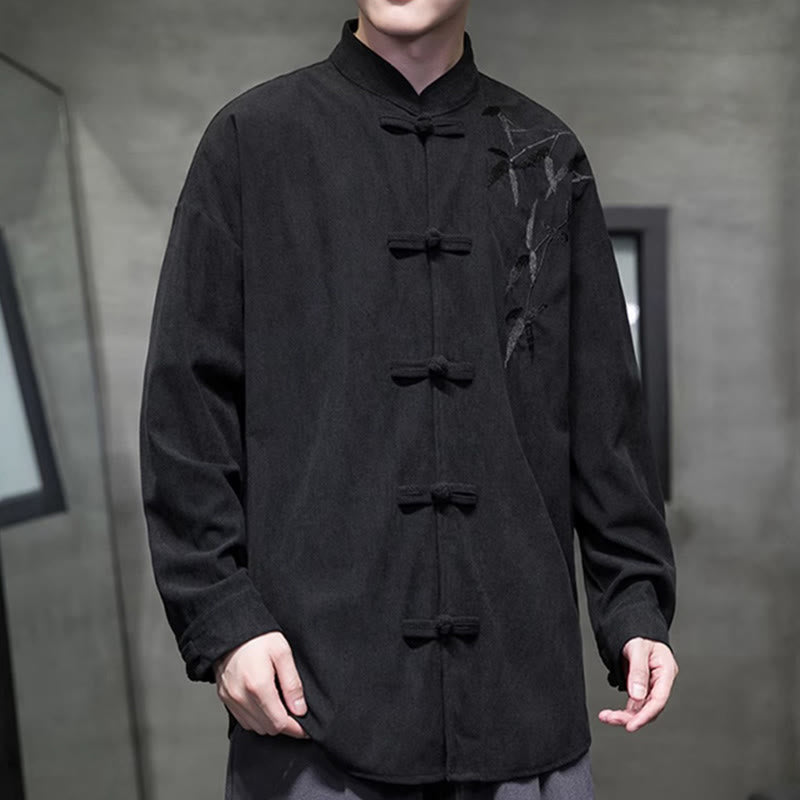 Buddha Stones Spring Chinese Embroidered Bamboo Men's Frog-button Long Sleeve Cotton Corduroy Jacket - image 35