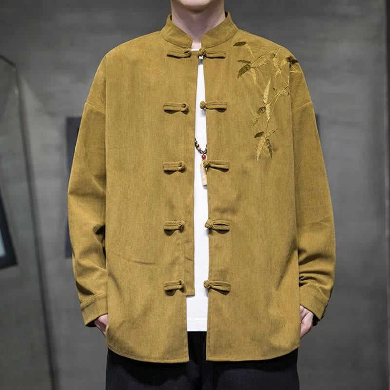 Buddha Stones Spring Chinese Embroidered Bamboo Men's Frog-button Long Sleeve Cotton Corduroy Jacket - image 9