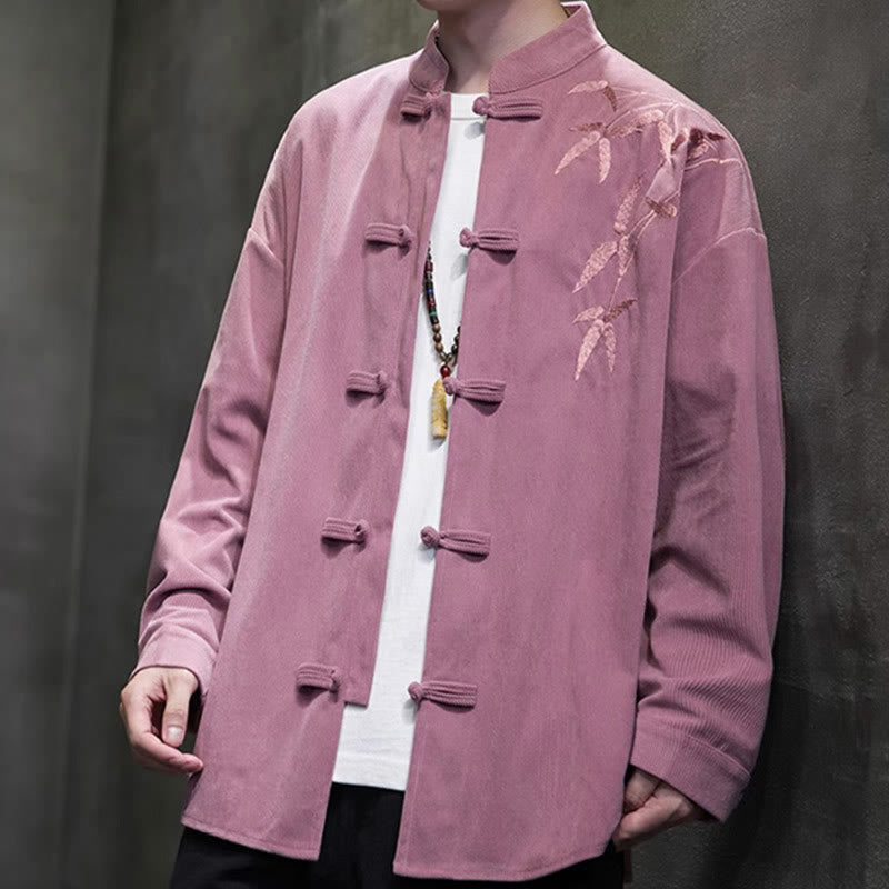 Buddha Stones Spring Chinese Embroidered Bamboo Men's Frog-button Long Sleeve Cotton Corduroy Jacket - image 25