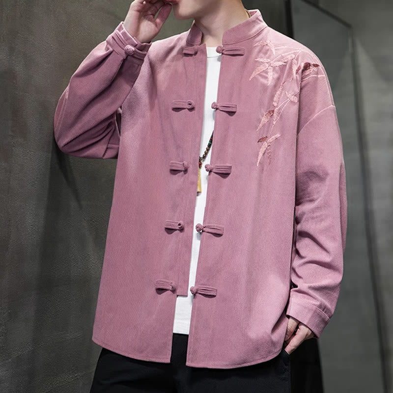 Buddha Stones Spring Chinese Embroidered Bamboo Men's Frog-button Long Sleeve Cotton Corduroy Jacket - image 26