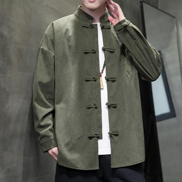 Buddha Stones Spring Chinese Embroidered Bamboo Men's Frog-button Long Sleeve Cotton Corduroy Jacket - image 6