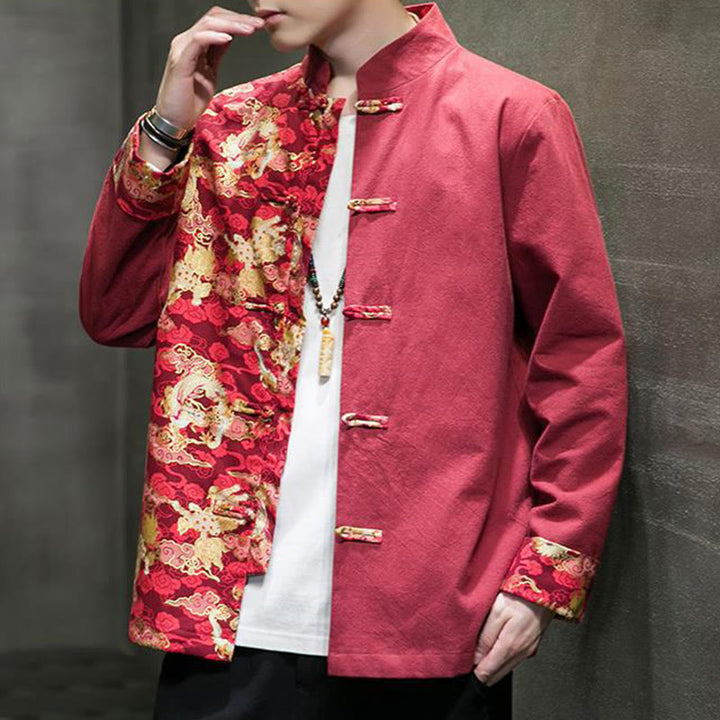 Buddha Stones Printed Color Contrast Dragon Pattern Frog-button Long Sleeve Men's Cotton Jacket - image 7