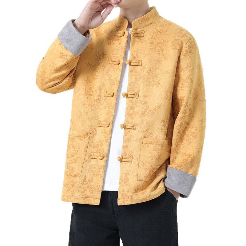Buddha Stones Fall Jacquard Bamboo Frog-button Long Sleeve Men's Cotton Jacket With Pockets - image 4